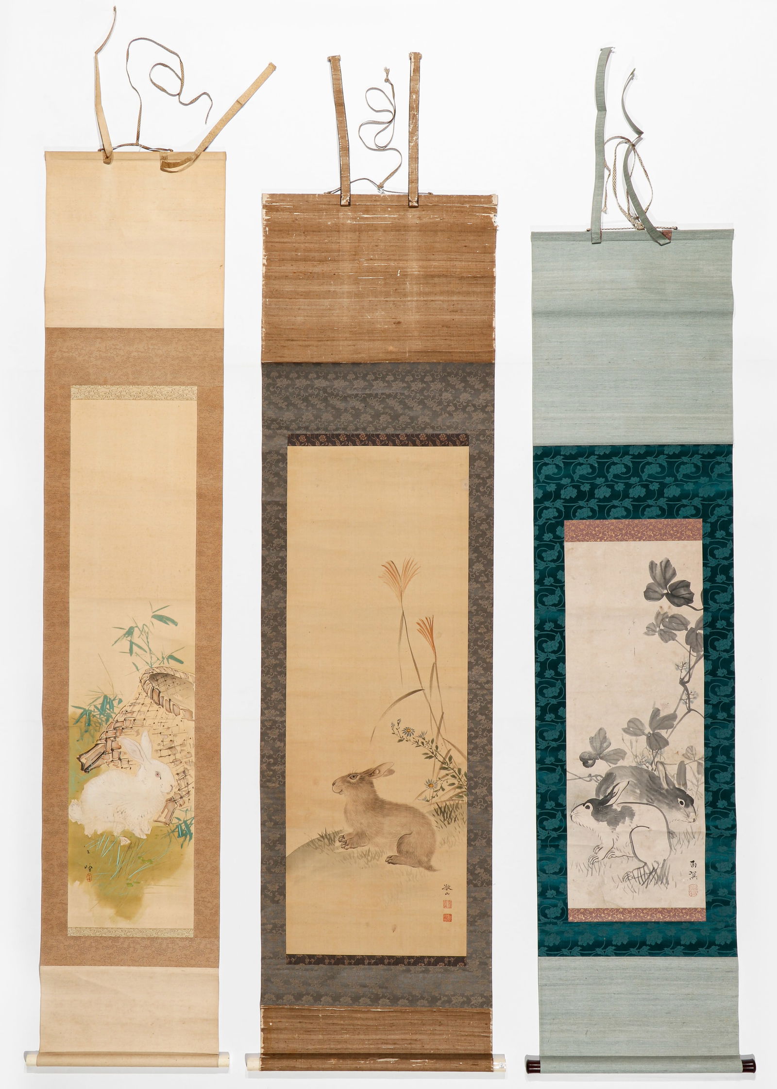 3 Japanese Painted Scrolls of Rabbits (1 of 9)