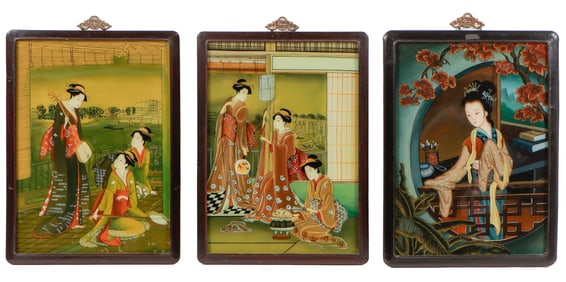 3 Japanese Reverse Glass Paintings