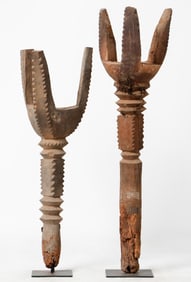 2 Bolon Shrine Pot Supports, Burkina Faso, H: 33", 39", Ex Wheelock Collection