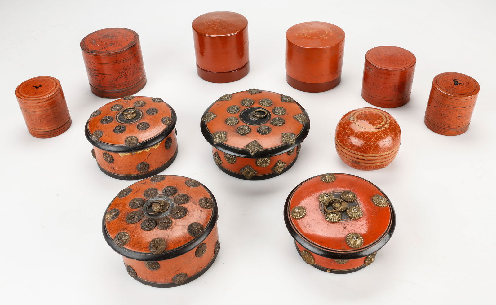 11 Thai or Burmese Red Lacquered Betel Boxes (1 of 4)