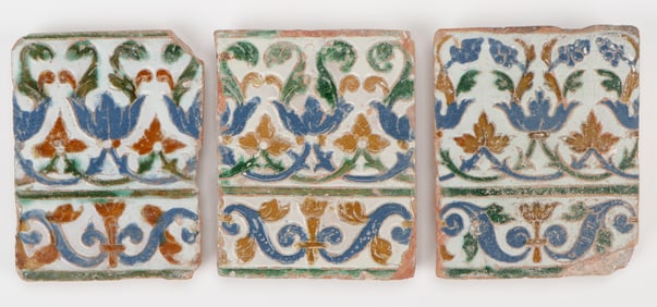 3 Antique Spanish Cuerda Seca Tiles, 16th/17th C.