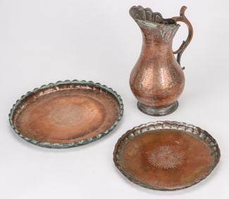 2 Persian Copper Trays and a Ewer