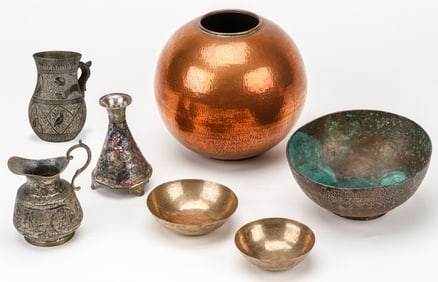 Collector's Lot of 7 Persian Metal and Pottery Vessels