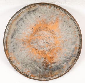 Antique Armenian Tinned Copper Engraved And Inscribed Tray, Diam: 21"
