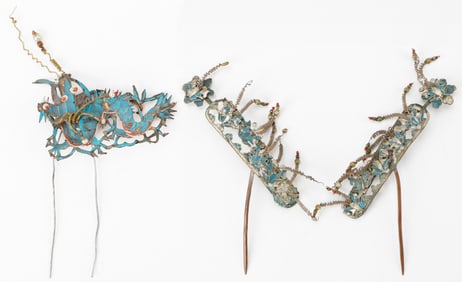 3 Antique Chinese Kingfisher Feather Dragon Hair Pin Ornaments