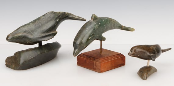 3 Inuit Carved Stone Figures of Whale, Narwal, Dolphin