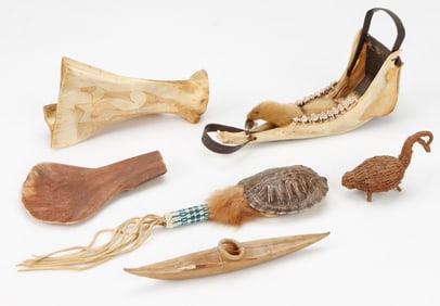 Inuit Collection of 6 Bone, Shell and Fiber Objects