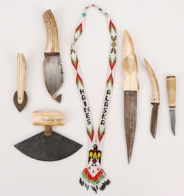 Collection of 6 Inuit Bone And Antler Handle Knives And Beaded Necklace
