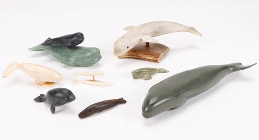Collector's Lot of 8 Inuit Carved Stone Whales