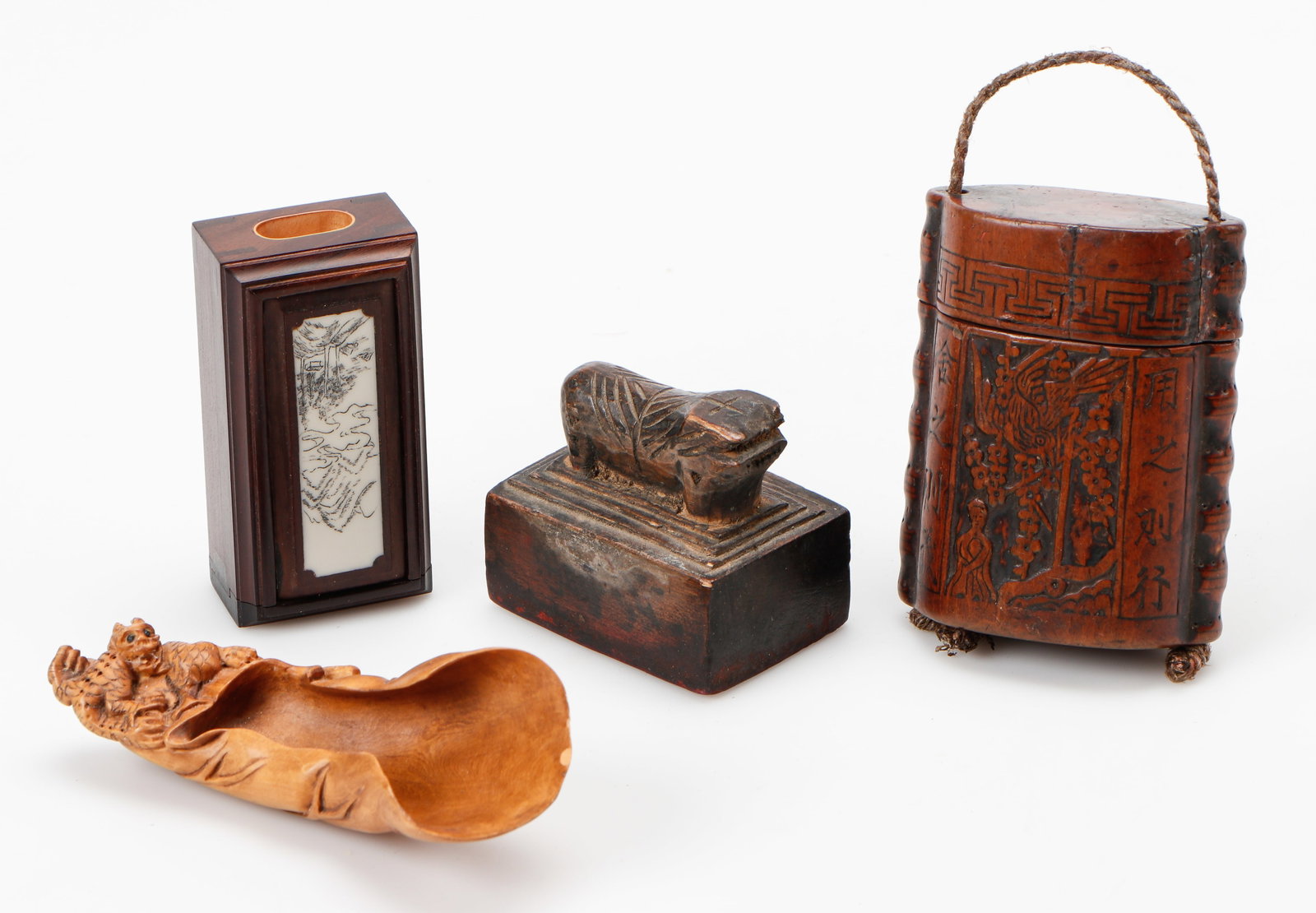 Collector's Lot of 4 Asian Objects: Collector's Lot of 4 Asian Objects. Including: Wooden cricket box with painted bone decoration. Size: 1'' x 3'' x .5'' (3 x 8 x 1 cm). Stamp with carved wooden top. Size: 2'' x 2.5'' x 1'' (5 x 6 x 3 