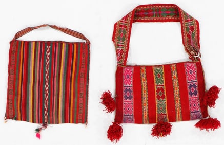 Aymara or Quechua Capacho Herbal Medicine Bag and Calcha Huayaca Ceremonial Grain Bag, 20th C.
