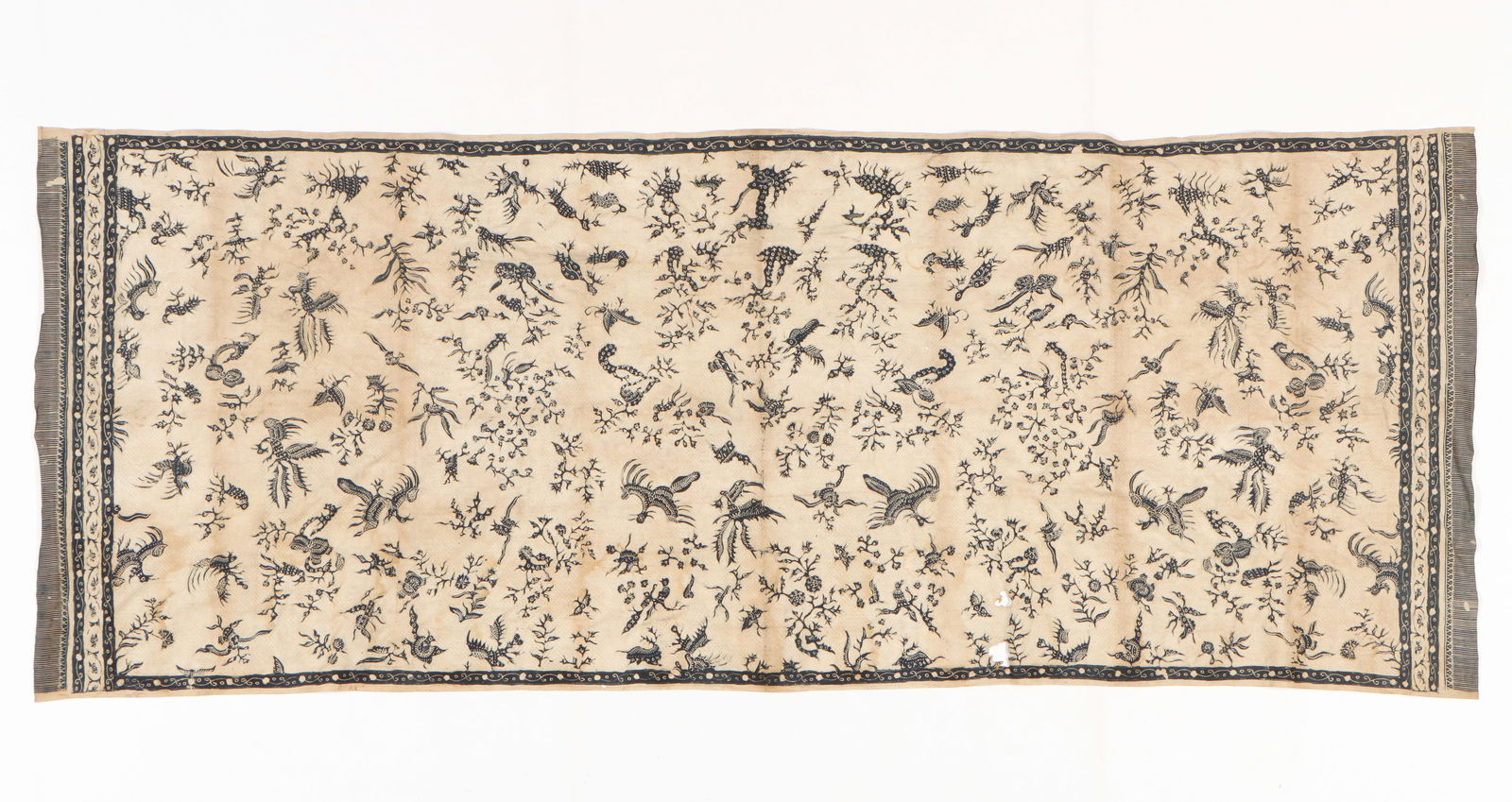 Prada Batik With Gold Leaf, Bali, Indonesia, Early 20th C.: Prada Batik With Gold Leaf, Bali, Indonesia, Early 20th C. Tulis batik with natural blue dye and overlay of gold. Size: 33'' x 81.5'', 84 x 207 cm.