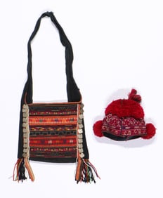 Southeast Asian Hill Tribe Yao Hat and Embellished Akha Bag, Mid-20th C.