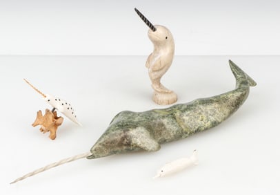 4 Inuit Carvings of Narwhals
