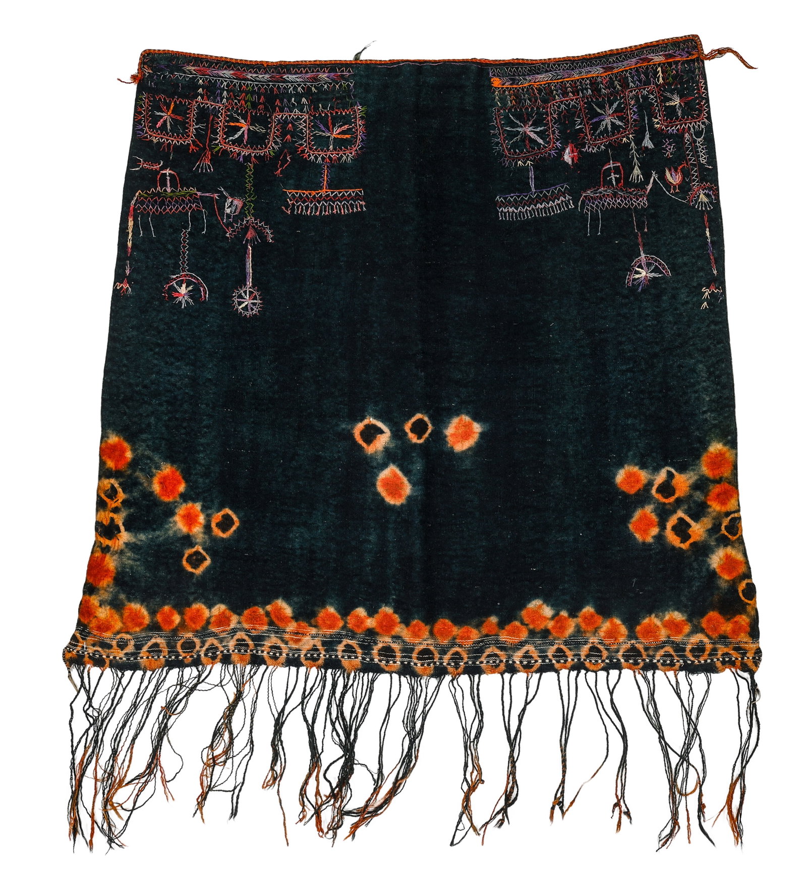 Gabes Region Shoulder Shawl, Tunisia, Early/Mid 20th C., Published: Gabes Region Shoulder Shawl, Tunisia , Early/Mid 20th C. The Ketfiya is a woven and dyed wool shawl adorned with resist-dyed round patches and embroidery. The stylized figures, animals, and trees, tho