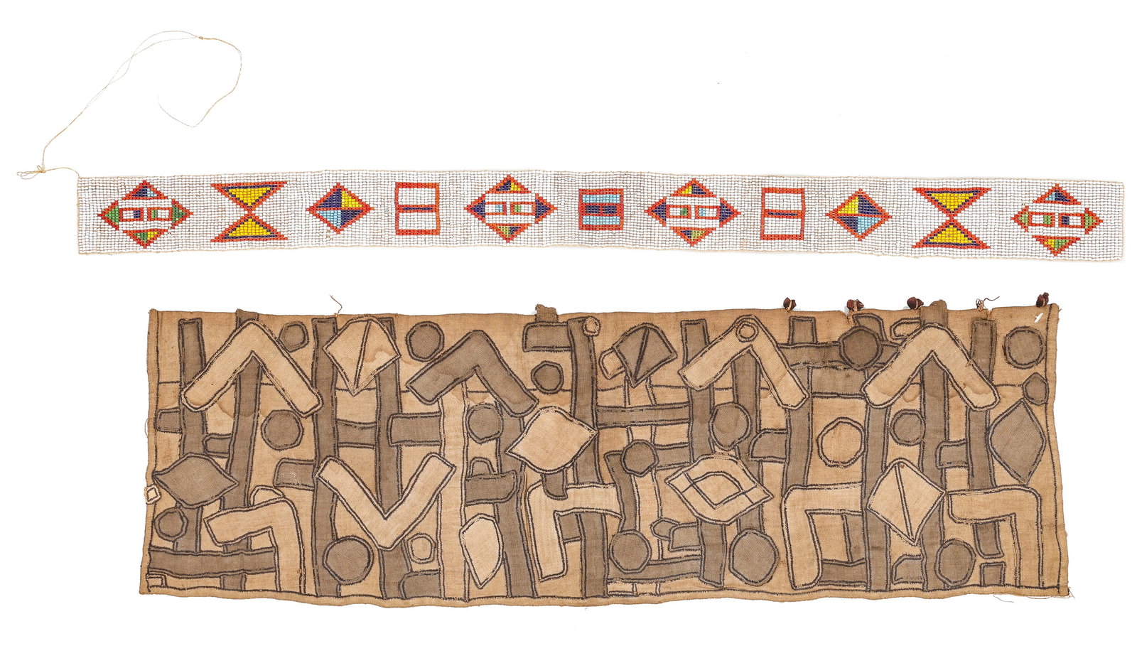 2 Congo Kuba Skirt Cloth and Kenyan Glass Beaded Belt, Africa, 20th C. (1 of 3)