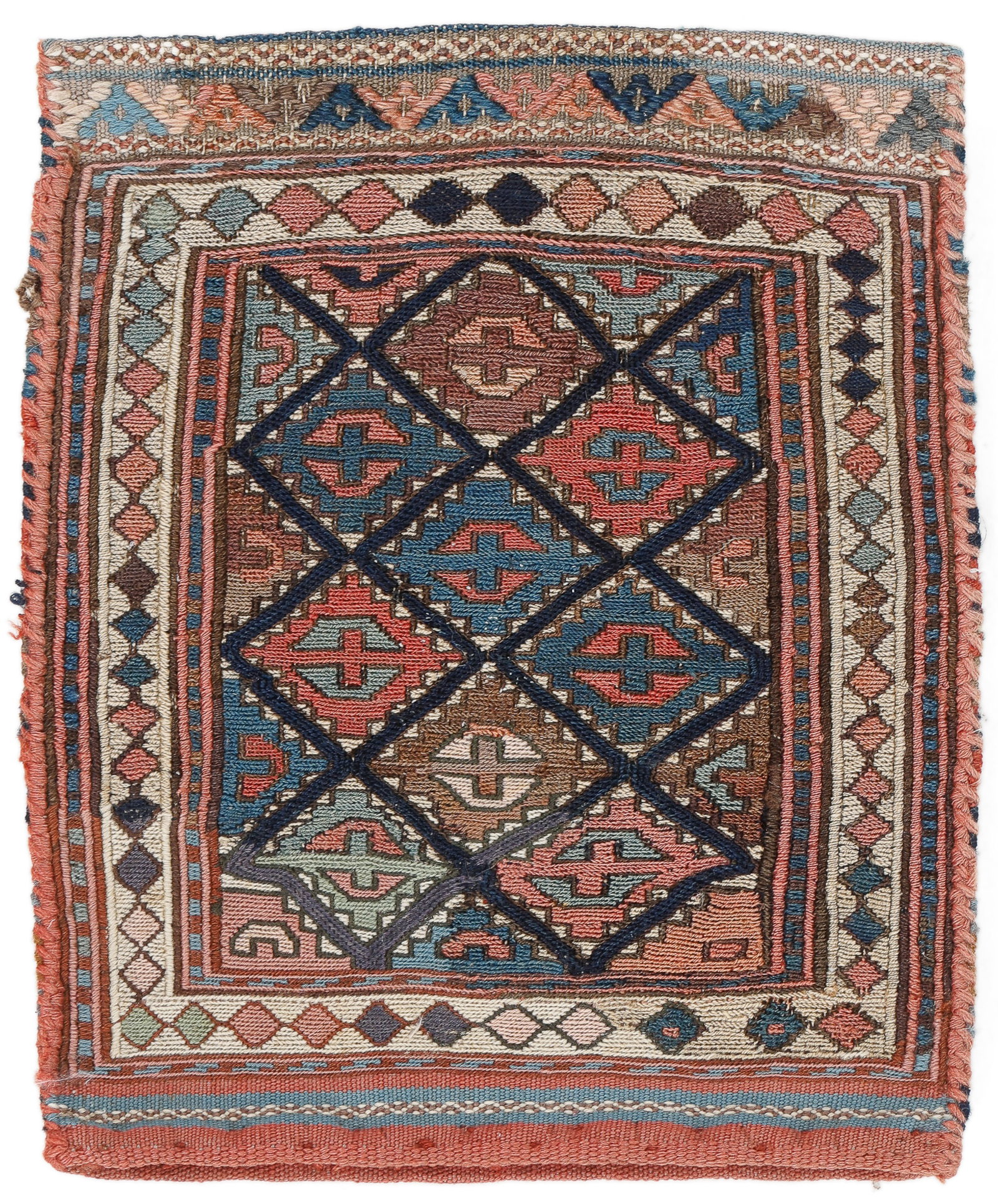 Sumak Bag, Caucasus, Ca. 1875, 0'9'' x 1'0'': Sumak Bag, Caucasus, Ca. 1875, 0'9'' x 1'0'' (23 x 30 cm). Weight: 1 lb. Material: wool surface, wool warp.