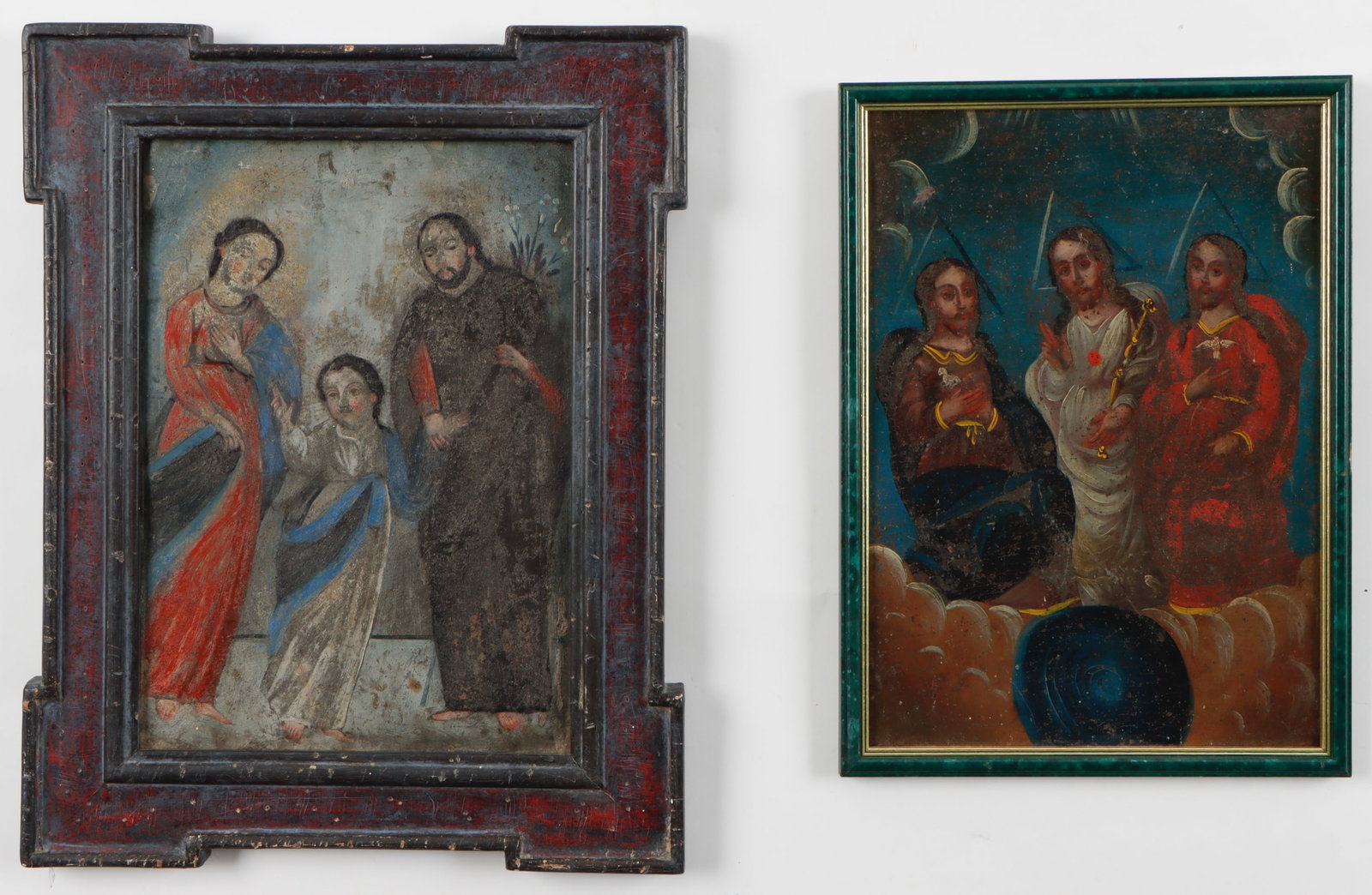 2 Antique Spanish Colonial Paintings, 19th C.: 2 Antique Spanish Colonial Paintings, 19th C. Each Framed. Sizes: 1) 13'' x 9.5'', 33 x 24 cm (sheet); 18'' x 14'', 46 x 36 cm (frame); 2) 13.75'' x 9.5'', 35 x 24 cm (sheet); 15'' x 11'', 38 x 28 cm 
