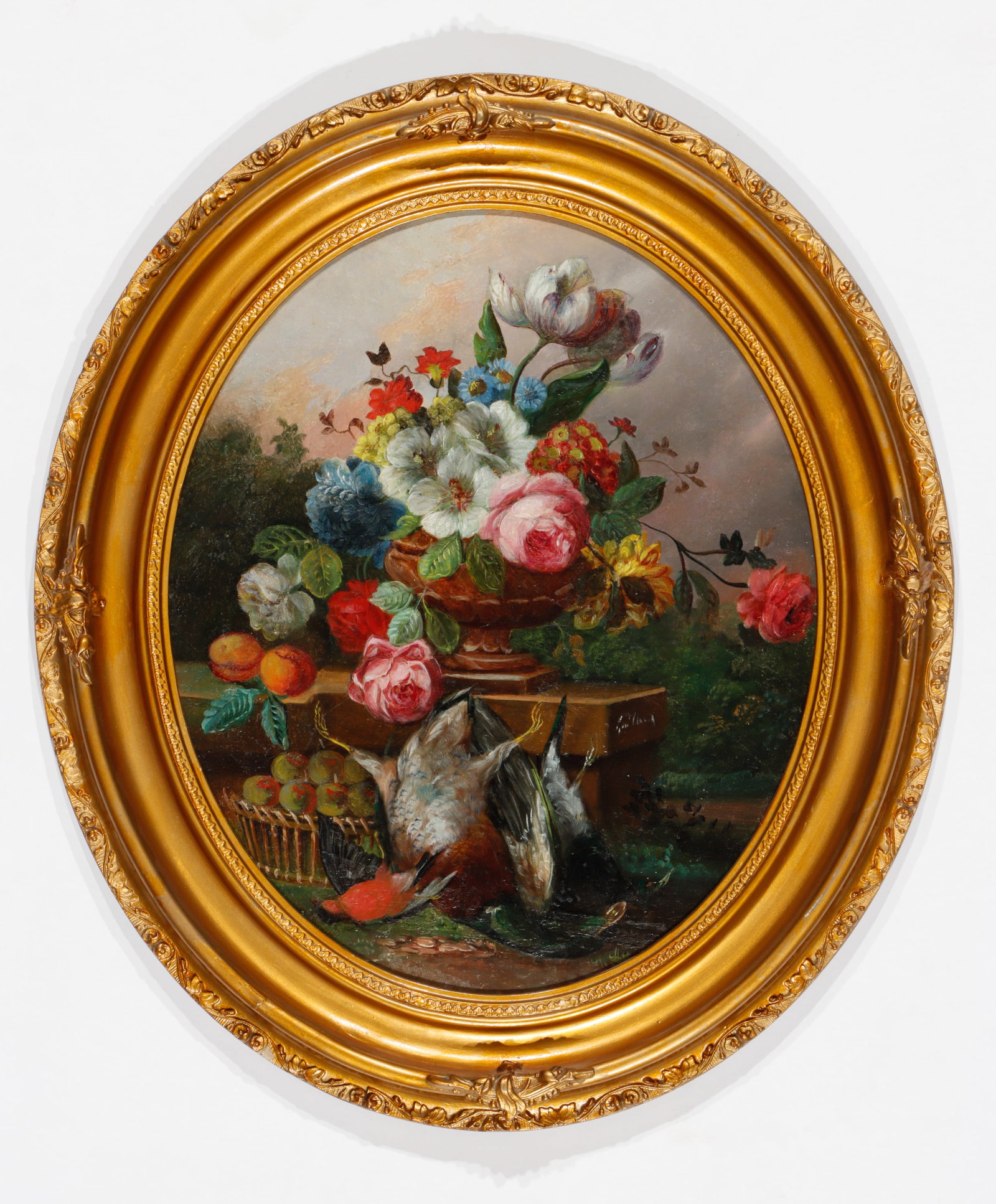 Antique French Style Floral Still Life Painting: Antique French Style Floral Still Life Painting. With Nature Morte elements of dead game birds. In an oval frame. Unknown Artist. Size: 25'' x 21'', 64 x 53 cm (stretcher); 30.5'' x 26.5'', 77 x 67 cm