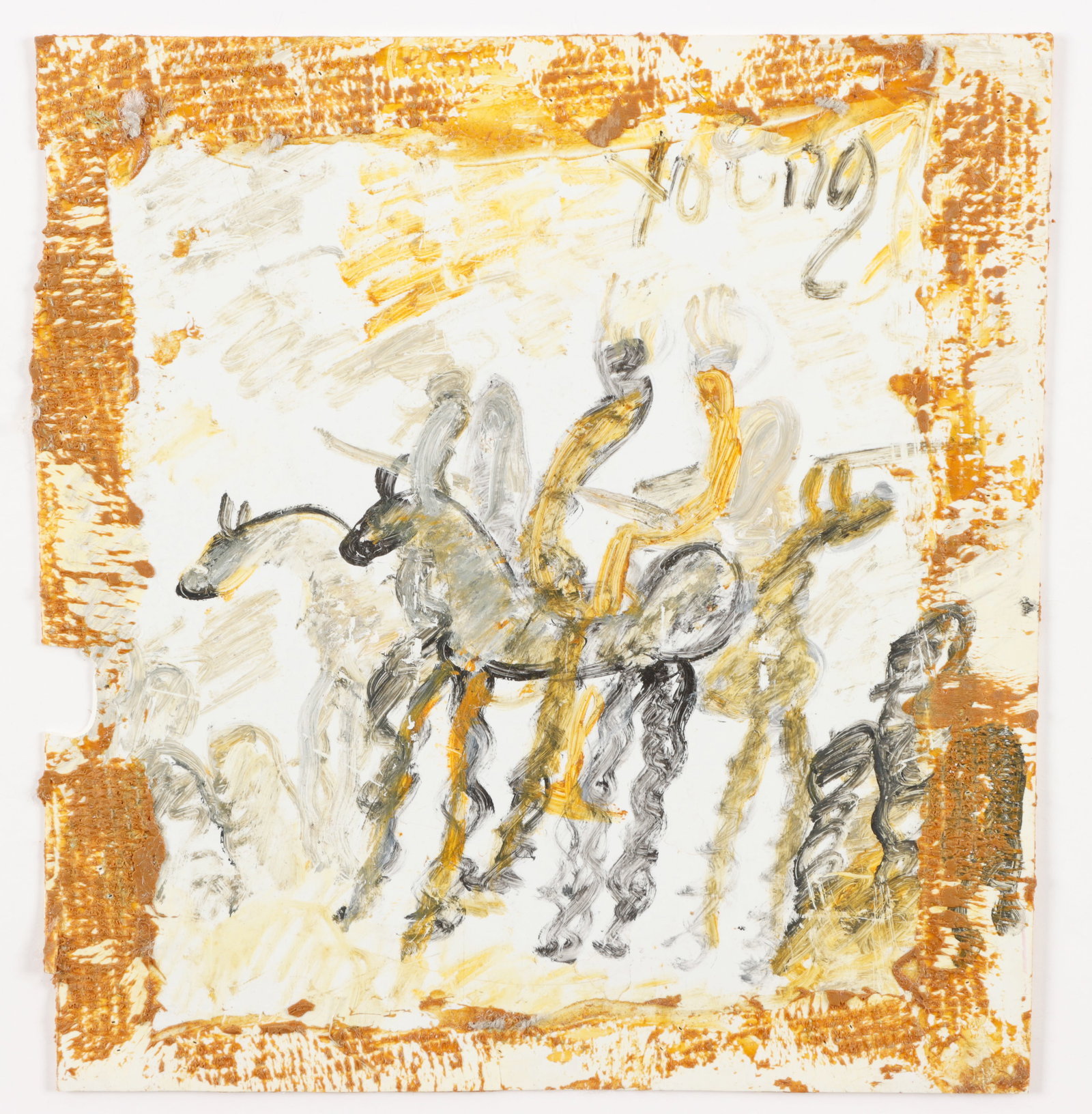 Purvis Young (American, 1943-2010): Purvis Young (American, 1943-2010) Mixed media painting on cardboard, signed. Unframed. Size: 14'' x 13'' (36 x 33 cm).