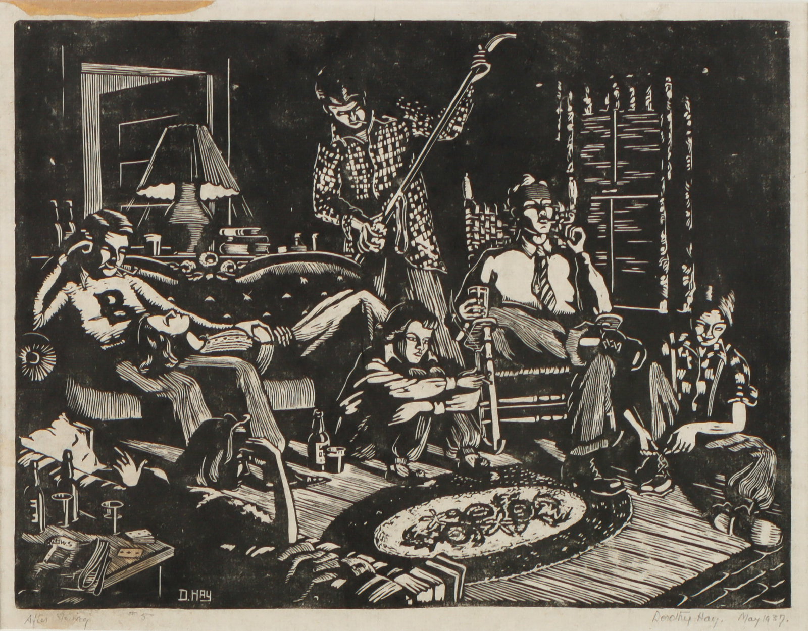 Dorothy Hay Jensen (1910-1999) "After Skiing" 1937: Dorothy Hay Jensen (American/Maine, 1910-1999) Rare WPA linocut, "After Skiing," 1937, depicting Bowdoin College students relaxing by the fire after a day of skiing, pencil signed, titled and dated. F