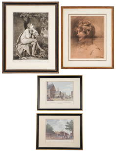 4 Antique Artworks: 4 Antique Artworks: 1) John Raphael Smith (English, 1752-1812) "Edwin," 1778, mezzotint. Size: 20'' x 14'' (51 x 36 cm (sight); 28.5'' x 22.5'', 72 x 57 cm (frame); 2) Gabriel Emile Edouard Nicolet (1