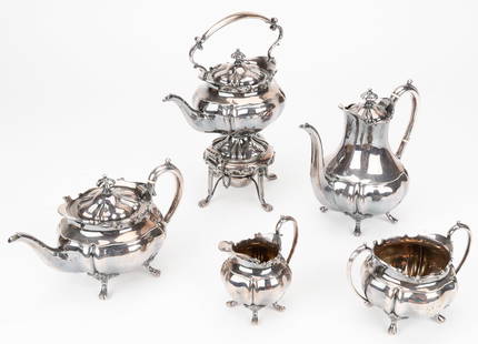 5-Piece Mappin & Webb Tea and Coffee Service: 5-Piece Mappin & Webb Tea and Coffee Service, Early 20th C. Princes Plate London & Sheffield marked tipping kettle on lamp stand, coffee pot, teapot, open sugar and creamer. Each marked: Mappin & Webb