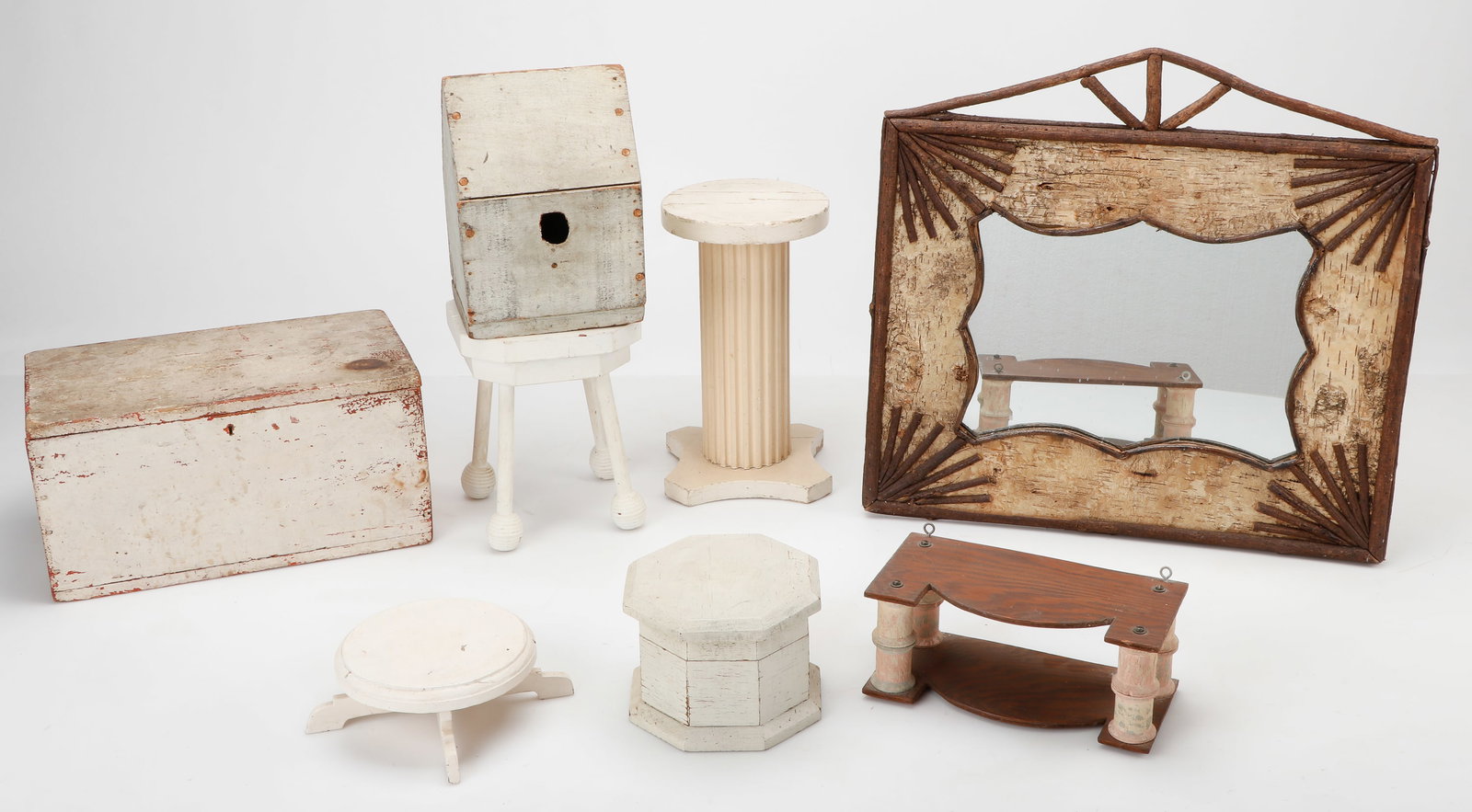 8 Folk Art Stands, Wall Shelf, Box, Birch Bark Mirror And Bird House (1 of 5)