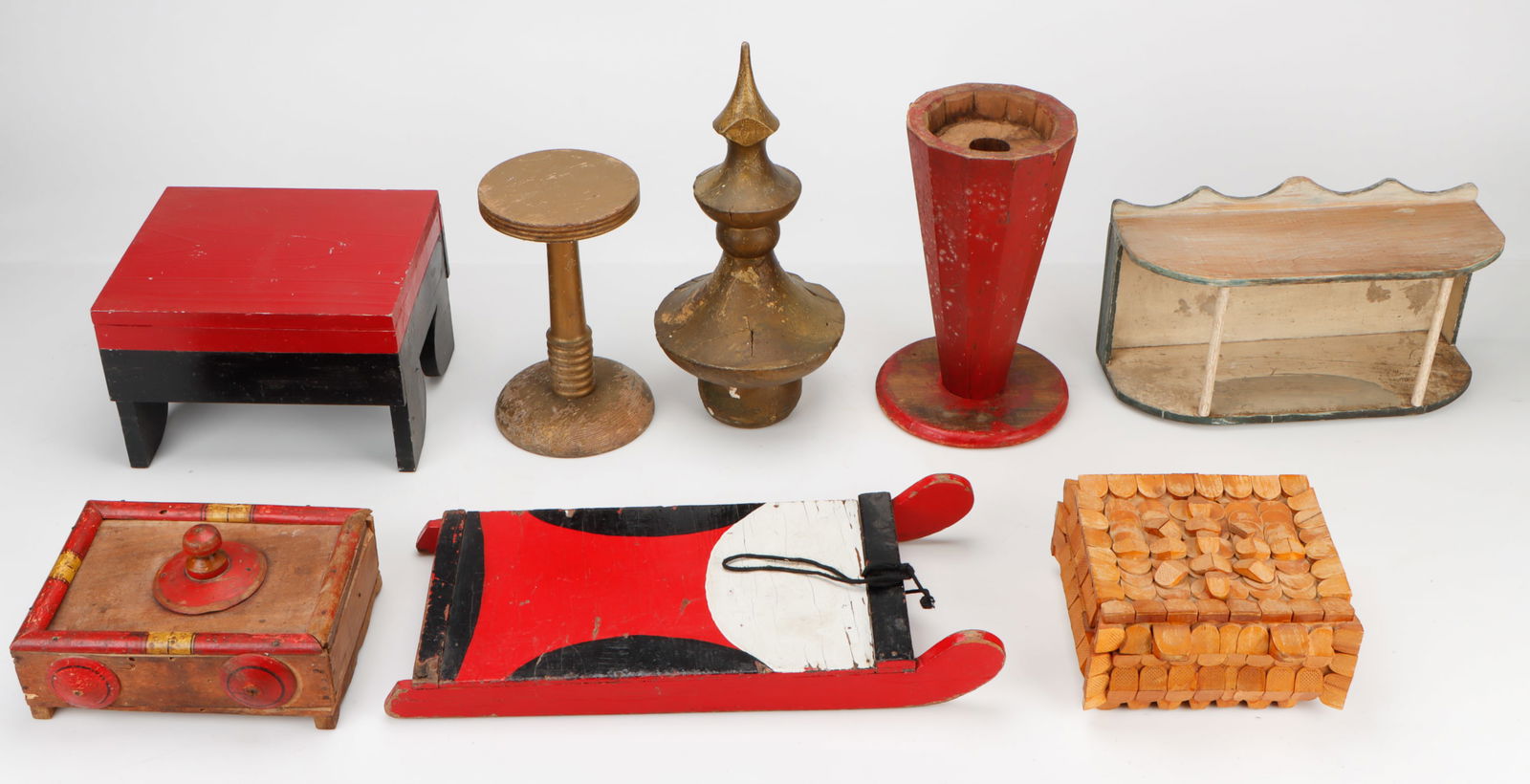 8 Folk Art Boxes, Stands, Shelves, Ornaments & Sled (1 of 8)