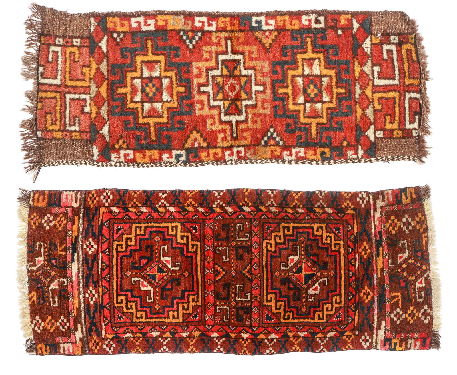 2 Uzbek Pile Rug/Trappings, Central Asia, Early 20th C.: 2 Uzbek Pile Rug/Trappings, Central Asia, Early 20th C. Sizes: 1) 1'3'' x 3'4'' (38 x 102 cm); 2) 1'5.5'' x 3'4.5'' (44 x 103 cm). Weight: 3.50 lbs. Ex. Clearlight Collection, Los Angeles, CA.