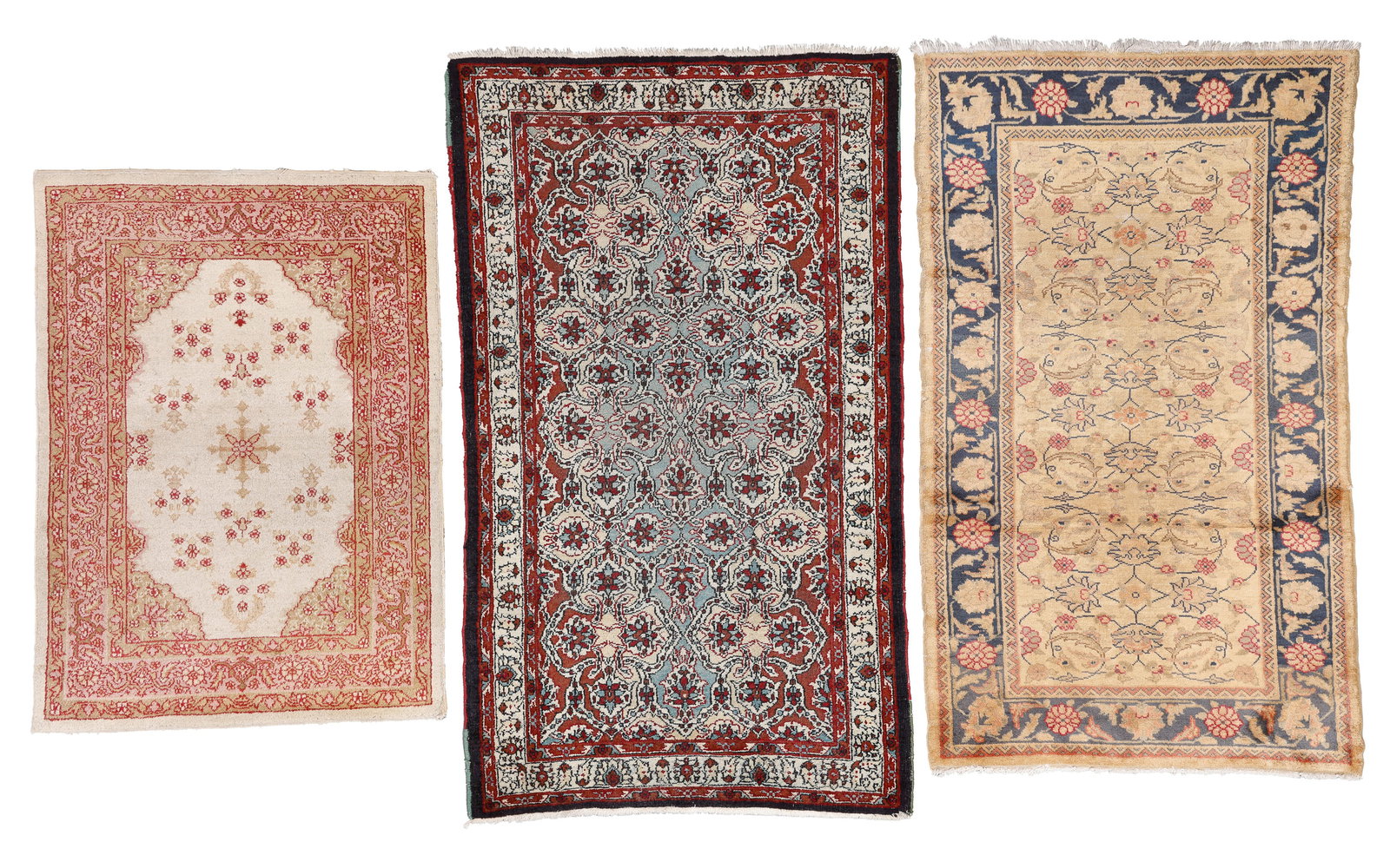 3 Antique Agra/Borlu Rugs, India/Turkey: 3 Antique Agra/Borlu Rugs, India/Turkey, Largest: 4'1'' x 6'11'' (124 x 211 cm). Weight: 35 lbs. Wool.