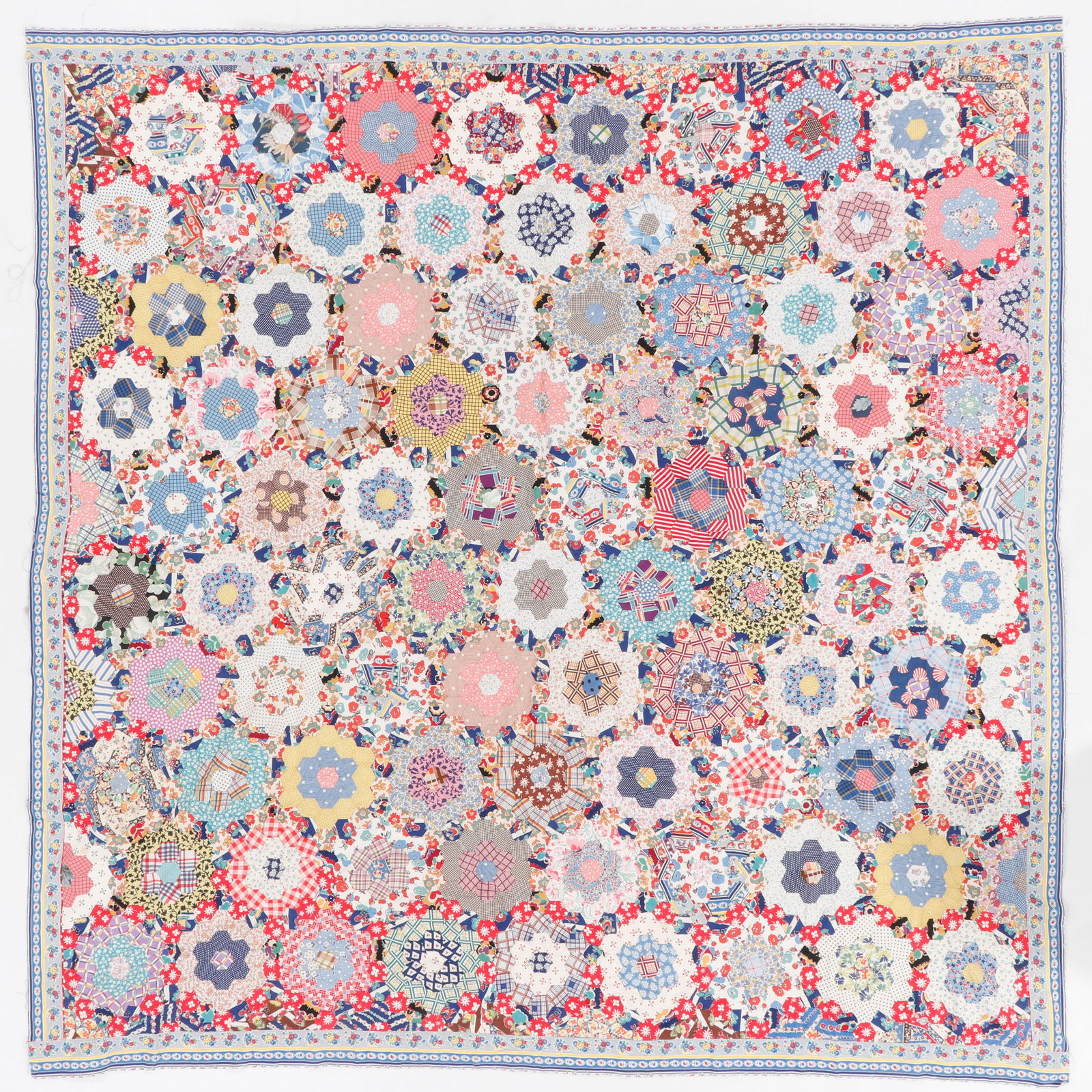 Handmade "Grandmother's Flower Garden" Pieced Quilt Top, First Half 20th C. (1 of 4)