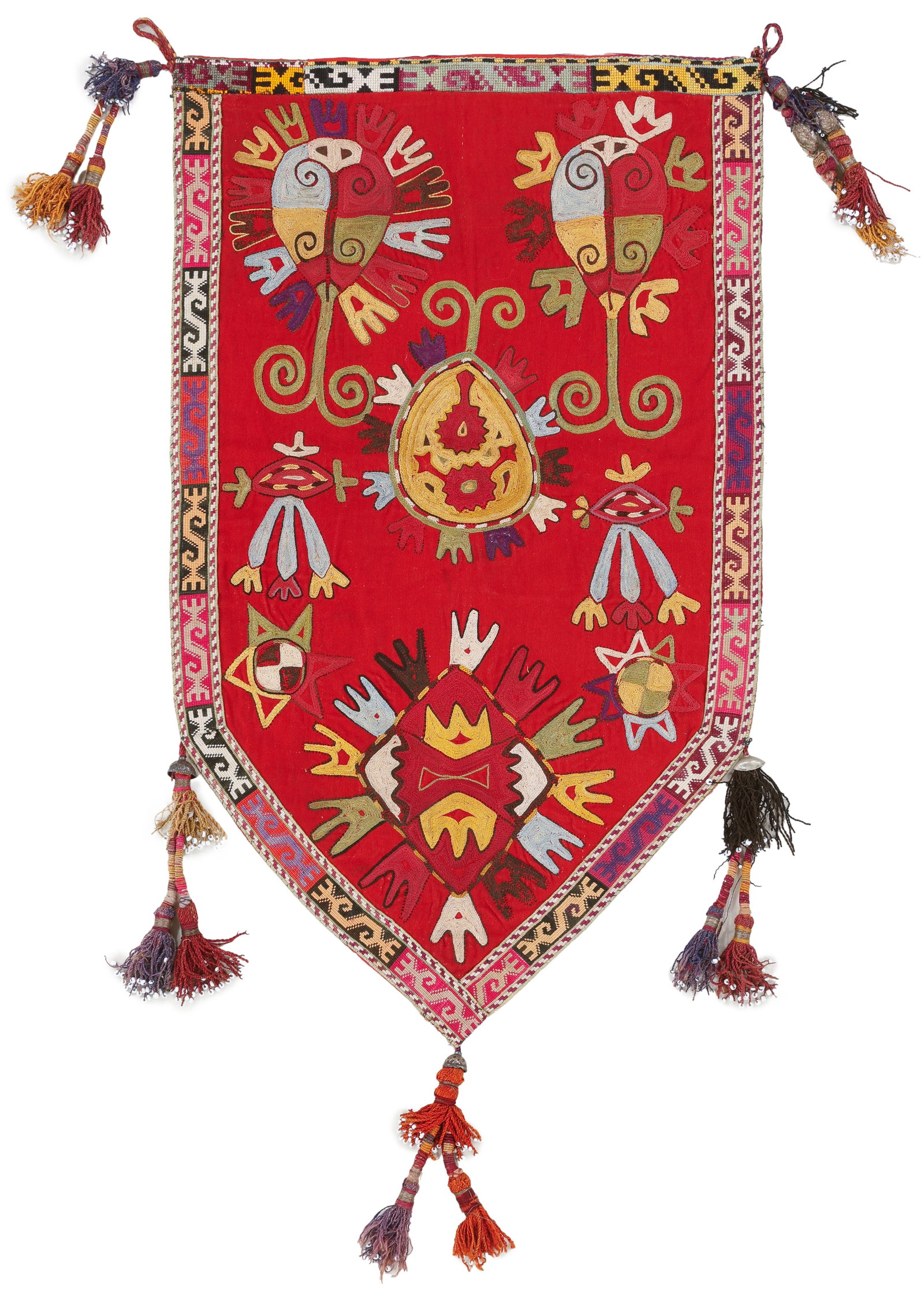 Lakai Shield Embroidery, Uzbekistan, Circa 1900: Lakai Shield Embroidery, Uzbekistan, Circa 1900. Felted wool. Cotton. Silk. Created within the women's sphere, Uzbek embroidery is honored within the entire social structure. And, as with many world c