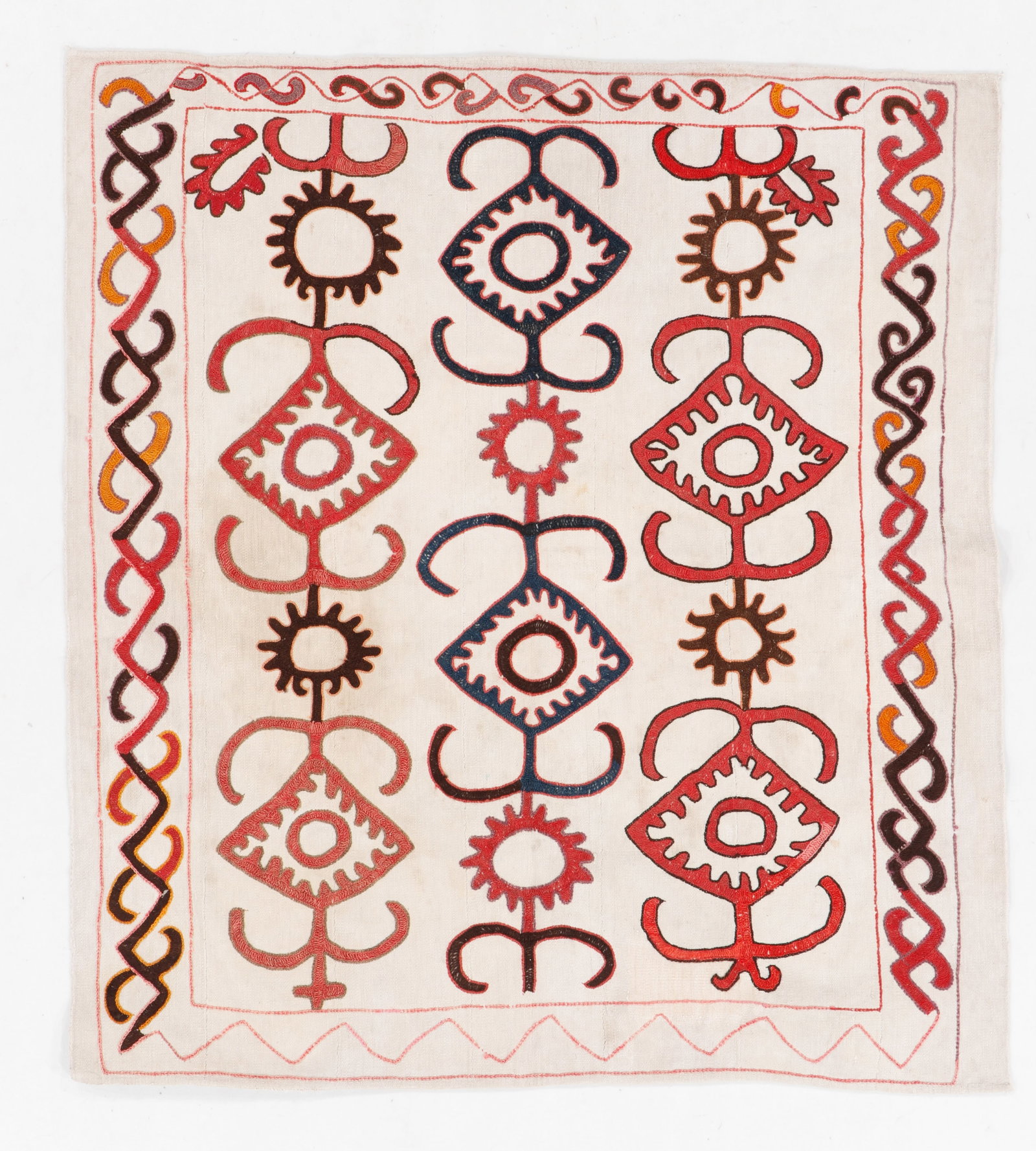 Kyrgyz Yurt Door Hanging, 1930s-40s: Kyrgyz Yurt Door Hanging, 1930s-40s. Wool embroidery on cotton. Size: 3'3'' x 3'6'' (99 x 107 cm).