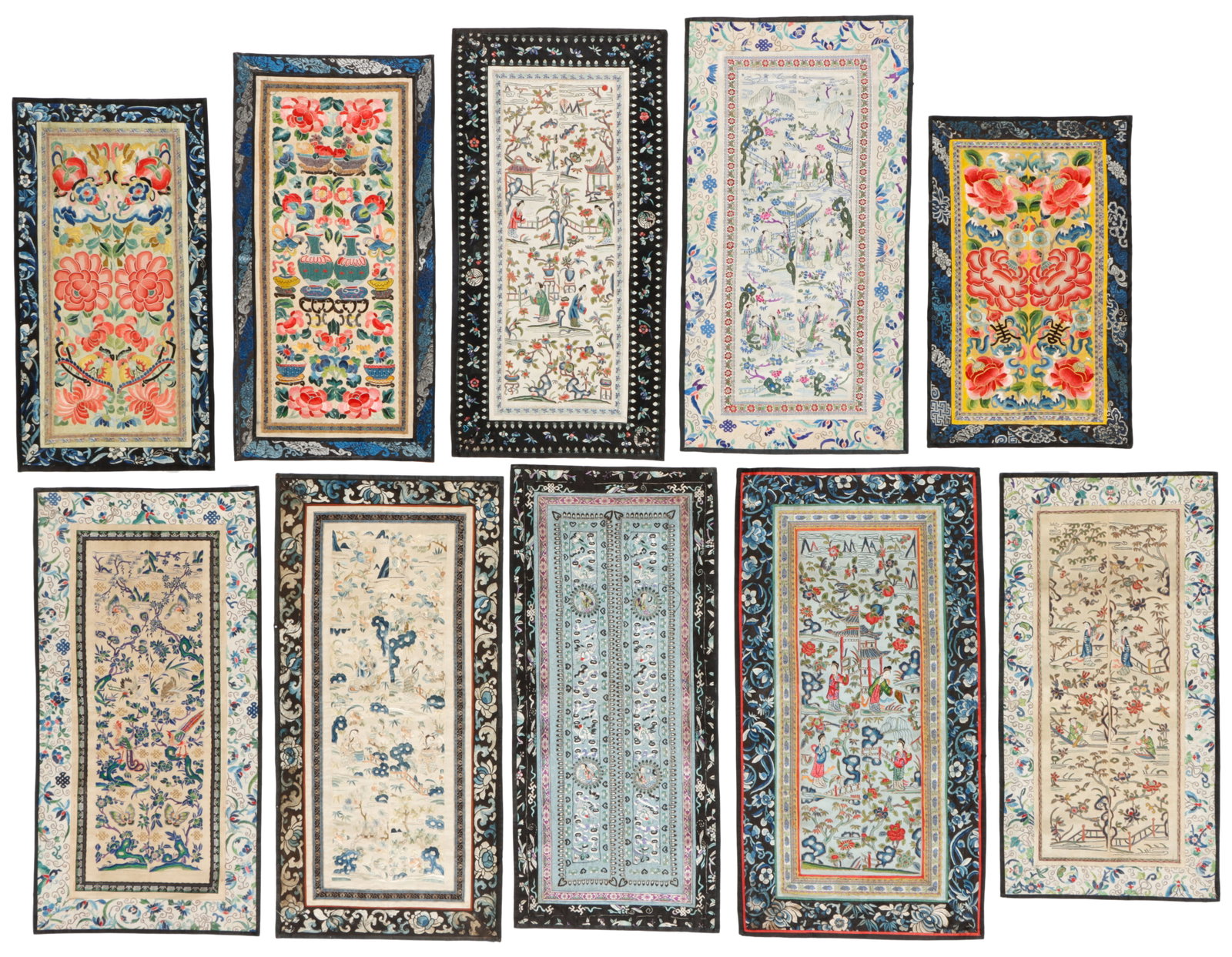 Group of 10 Chinese Embroidered Silk Sleeve Bands: Group of 10 Chinese Embroidered Silk Sleeve Bands. Sizes Ranging From: 11'' x 1'10'' (28 x 56 cm); To: 1'2'' x 2'3'' (36 x 69 cm). Provenance: Collection of Brooke and Dov Jaron, Philadelphia, PA.
