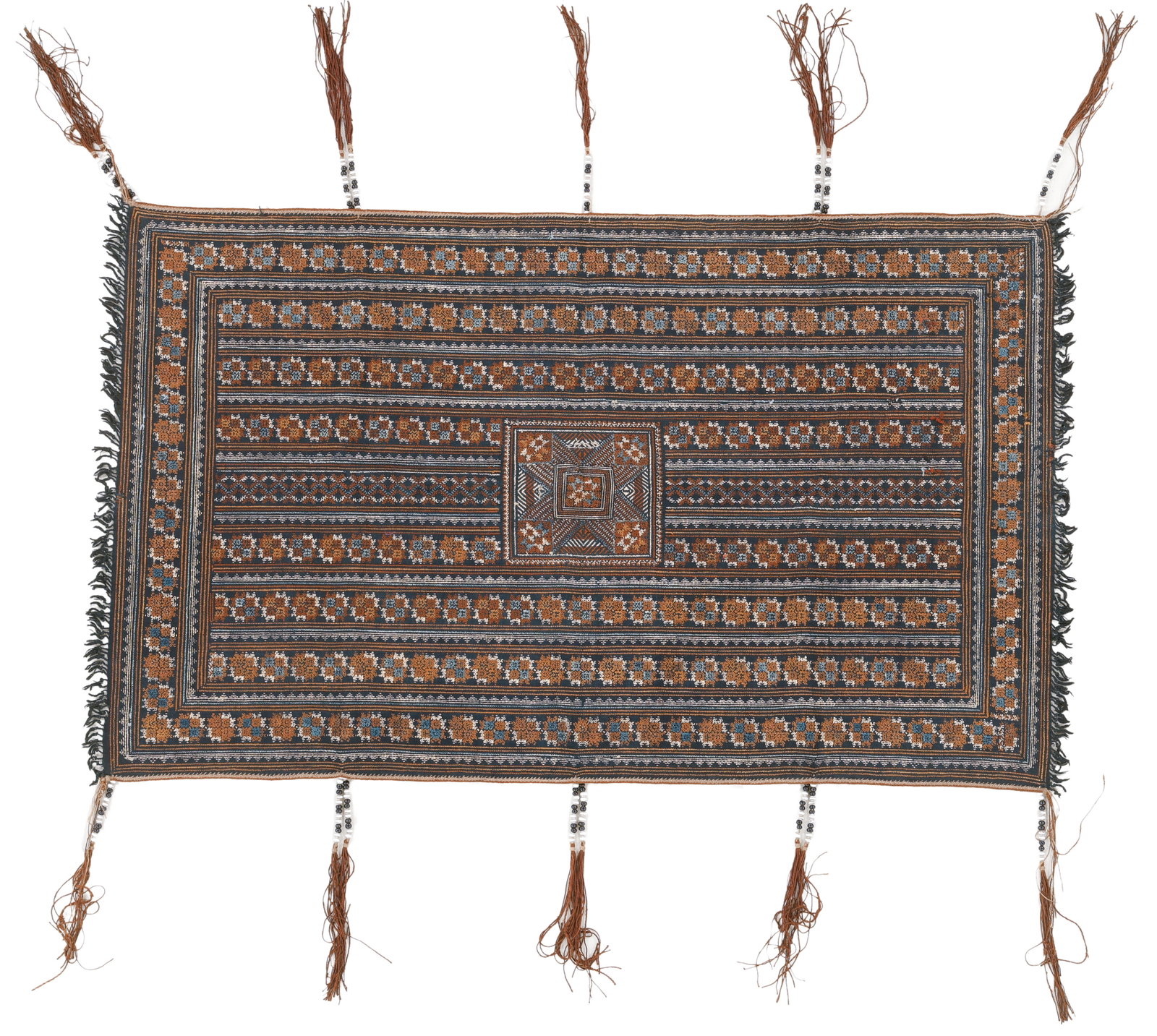 Mien Yao Wedding Veil, Yuma and Guangxi Provences, China, Early/Mid 20th C.: Mien Yao Wedding Veil, Yuma and Guangxi Provences, China, Early/Mid 20th C. Silk embroidered with beaded tassels. This wedding veil as worn as headgear cover on top of a meter-long boat shaped structu