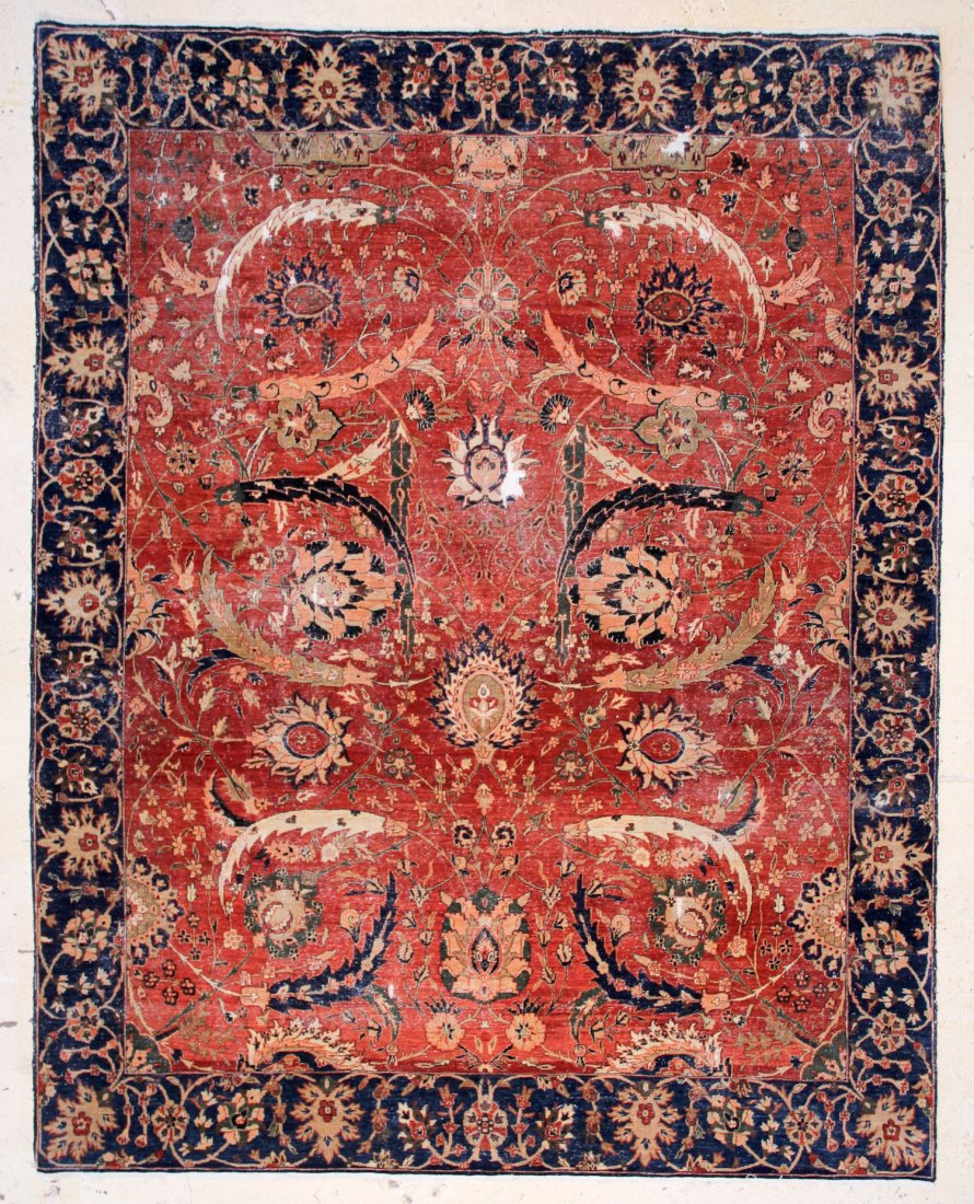 Classical Persian Style Agra Carpet: Classical Persian Style Agra Carpet, heavily worn, damages, excellent color. Size: 8' x 10'2".