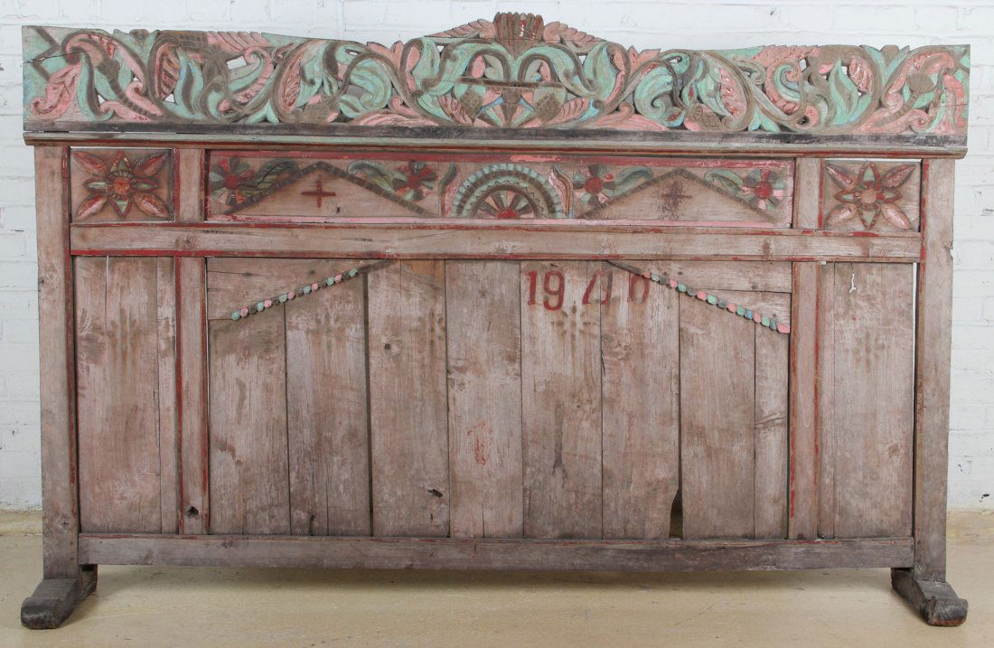 Old Indonesian Teak Wall Partition or Headboard: Old Indonesian Teak Wall Partition or Headboard, early 20th c, carved wood with polychrome decoration, free standing base. Size: 52 x 80 x 12.5 inches.