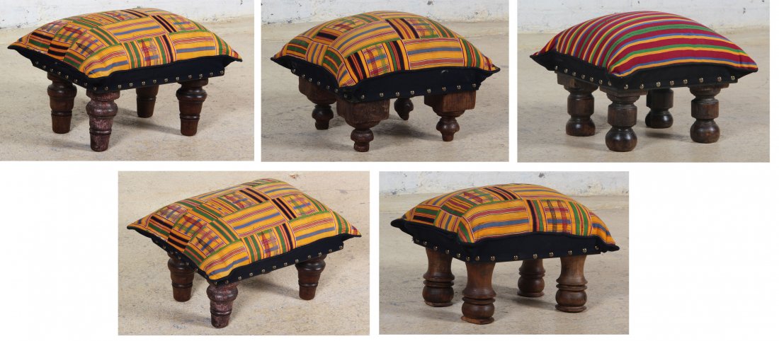 Five Kente Covered Footstools: Five Kente Covered Footstools. Ranging in size from 12 x 19 x 15 to 10 x 14 x 13 inches.