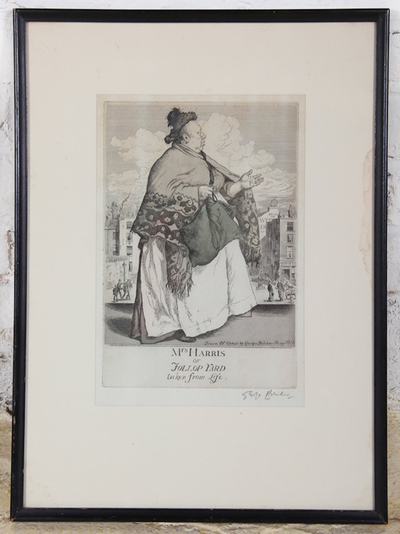George Belcher Etching: George Belcher Etching. Mrs. Harris of Trollop Yard, framed. Size: 7.5 x 11 (plate). 14.75 x 19.75 (frame).