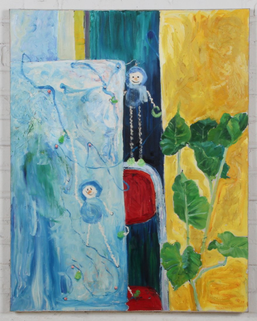 Modern Chinese Oil Painting: Decorative Snowmen and Lea: Modern Chinese Oil Painting: Decorative Snowmen and Leaves, oil on linen, signed. Purchased from artist in Beijing. Size: 36 x 28 inches (stretcher).