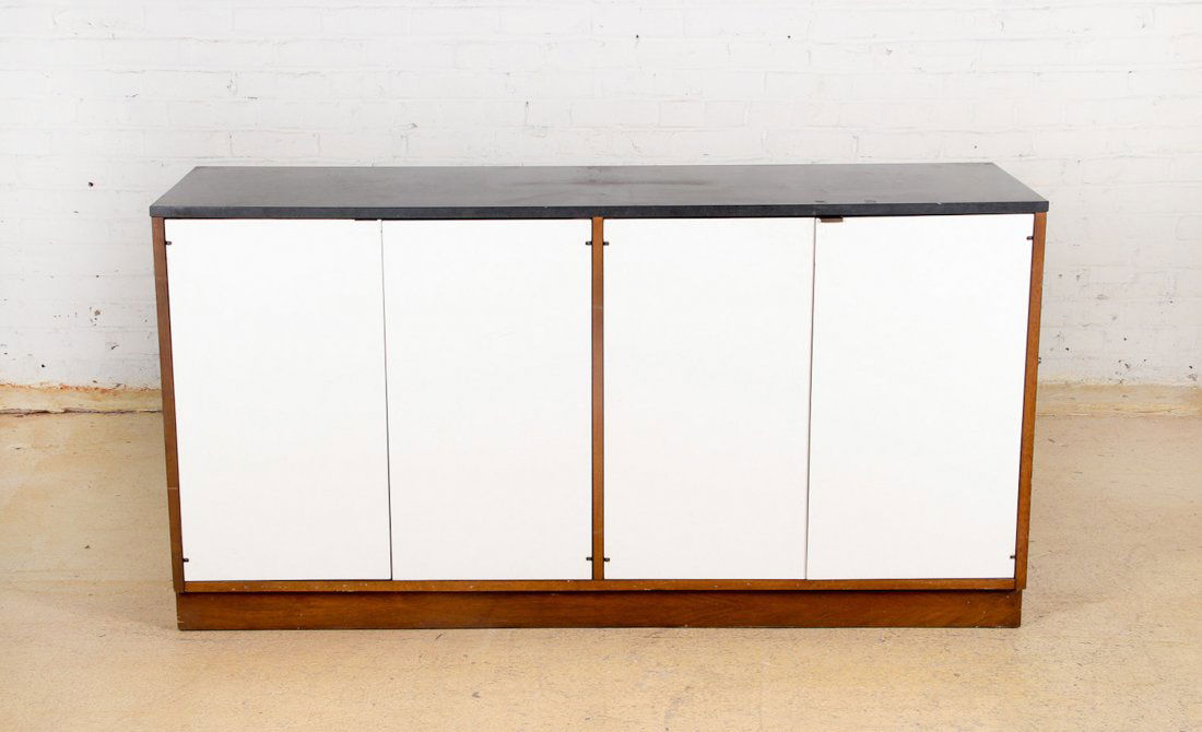 Mid Century Credenza: Mid Century Credenza, white with charcoal travertine style top and tray. Size: 30 x 68 x 44 inches.