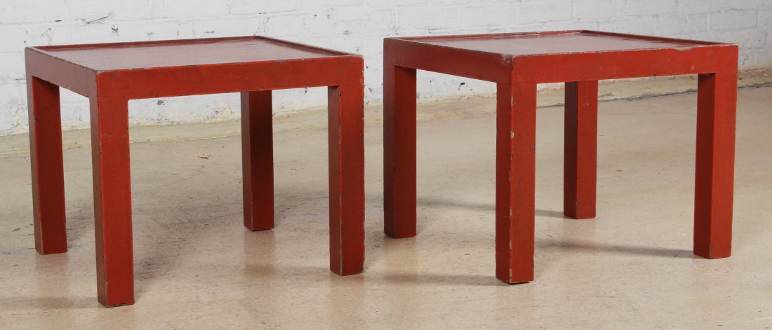 Pair of Square Parsons Red Lacquer Side Tables: Pair of Square Parsons Red Lacquer Side Tables. Size: 15 x 18 x 18 inches (each).