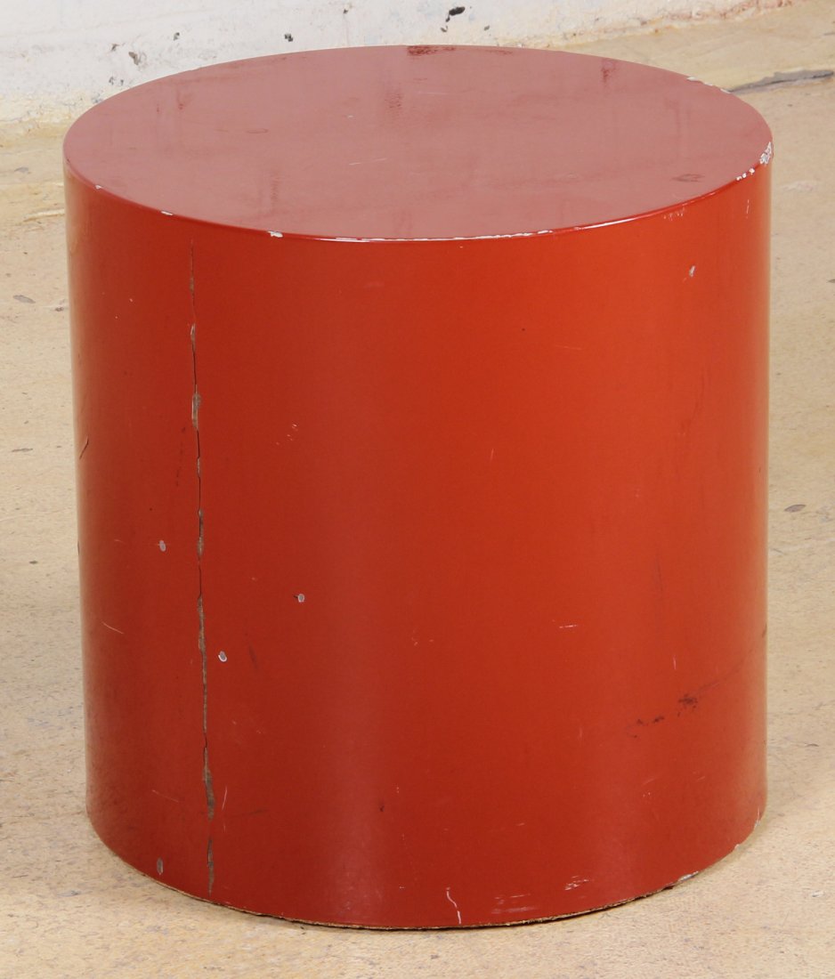 Red Lacquer Cylindrical Stool: Red Lacquer Cylindrical Stool. Size: 18 x 18 x 18 inches.