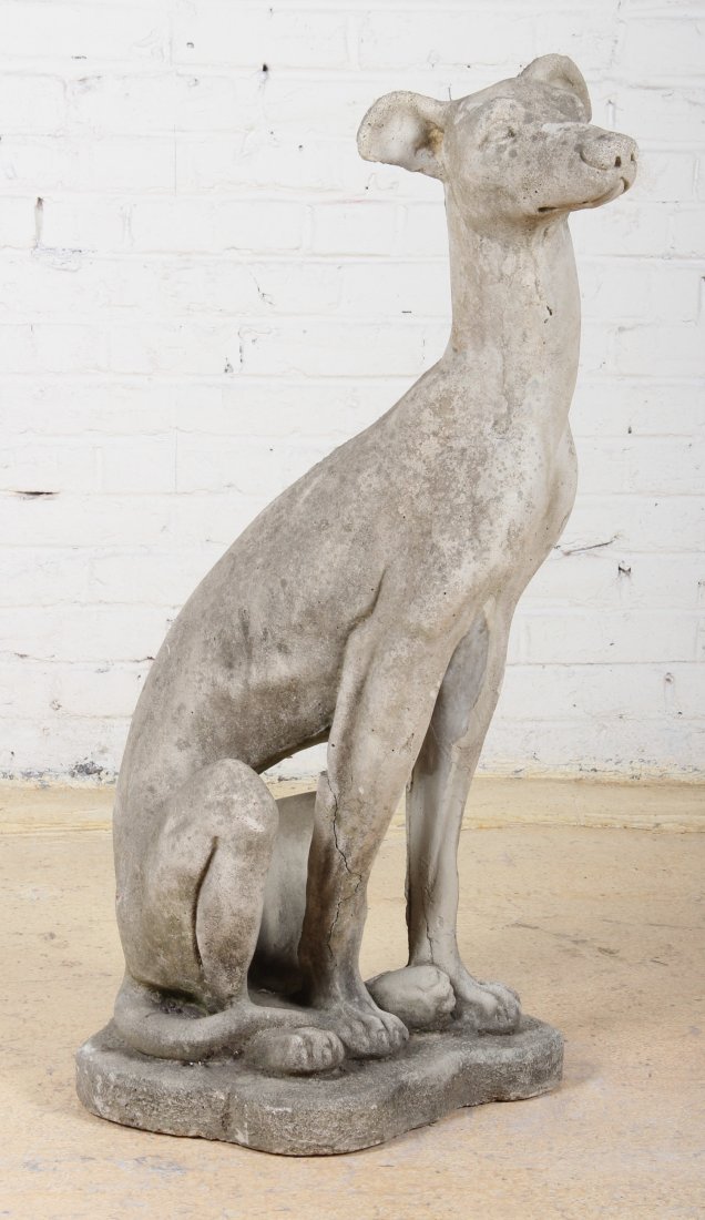 Vintage Cast Concrete Dog: Vintage Cast Concrete Dog. Size: 37 x 18 x 13.5 inches.