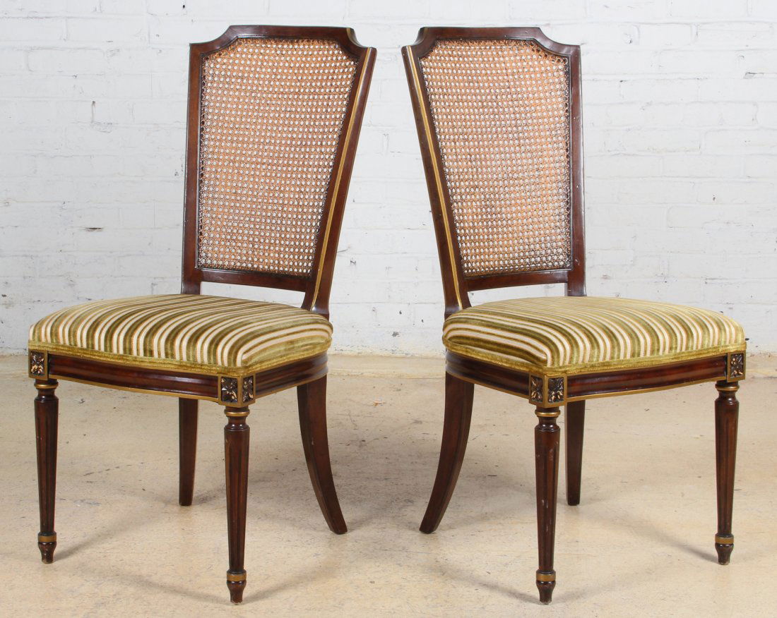 Pair of Antique Upholstered Chairs: Pair of Antique Green Velvet Upholstered and Caned Chairs. Size: 39.5 x 19 x 17.5 inches.