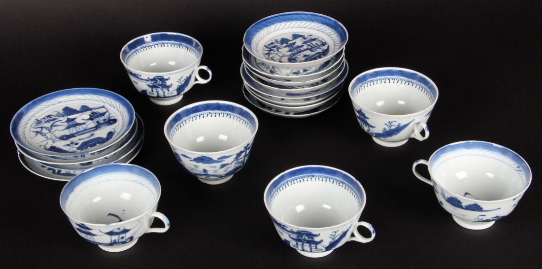 Group of Eighteen Old Chinese Blue and White Porcelain : Group of Eighteen Old Chinese Blue and White Porcelain Dinnerware comprising six teacups, four saucers and eight shallow bowls. Size: 6 inches (saucer), 5-1/4 inches (shallow bowls), 2-3/4 x 4-1/4 x 4