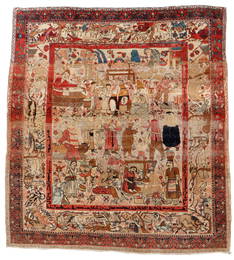 Fine Mohtasham Kashan Pictorial/Narrative Rug, Persia, 19th C., 4'7'' x 5'0''