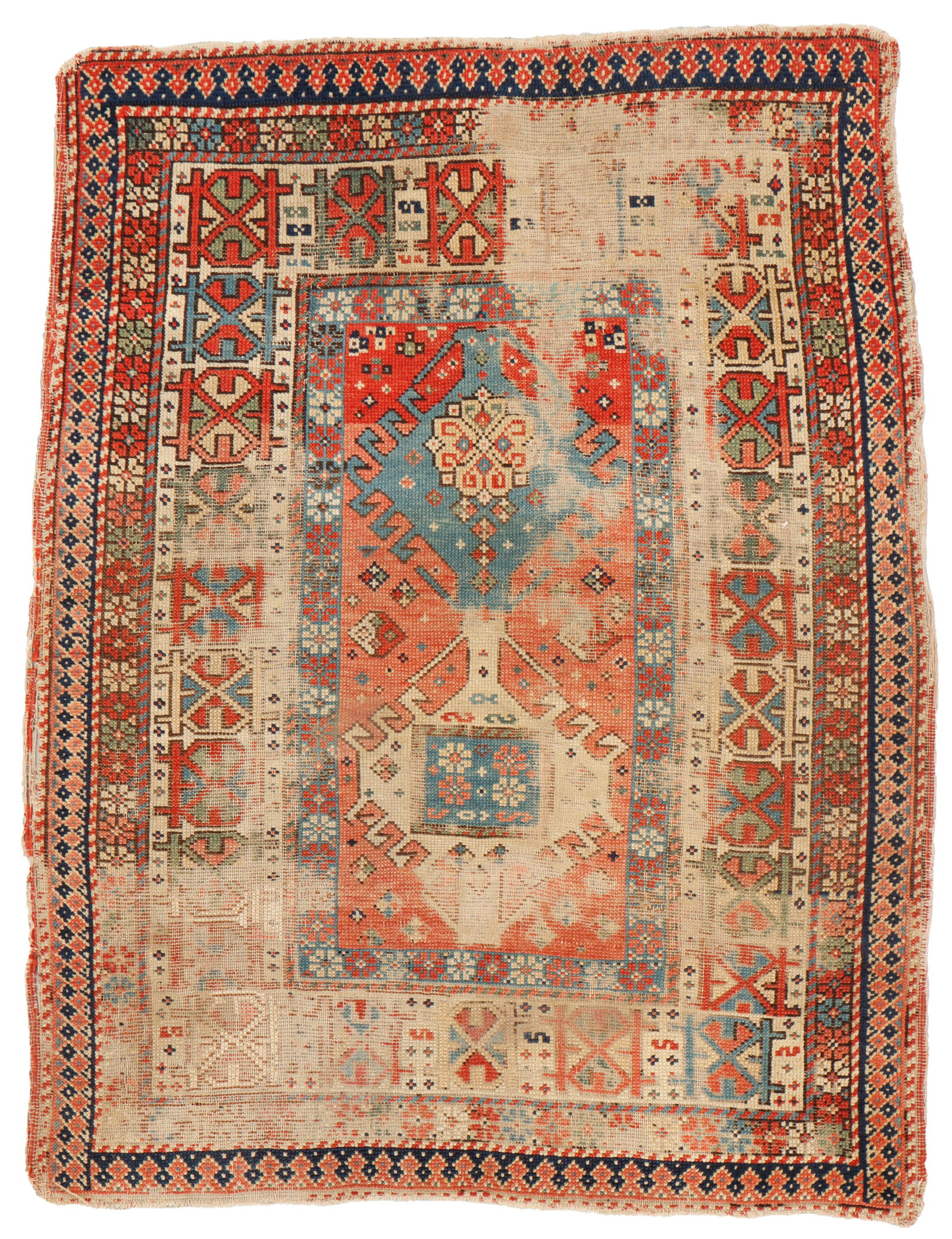 Kazak Rug, Caucasus, 19th C., 3'2'' x 4'2'': Kazak Rug, Caucasus, 19th C., 3'2'' x 4'2'' (97 x 127 cm). Weight: 3 lbs. Material: wool pile, wool warp, wool weft. Heavily distressed.