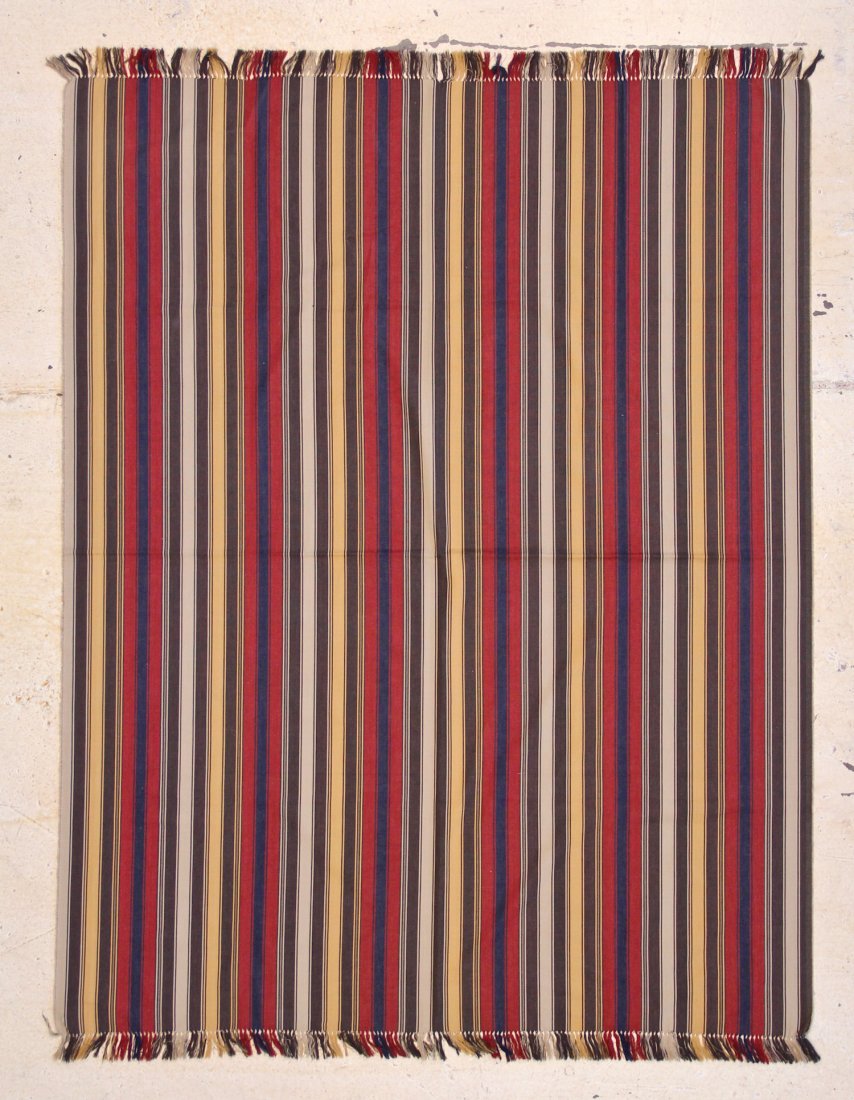 Modern Syrian Kilim: Modern Syrian Kilim. Stripes of Red/Brown/Blue. Size: 4'10" x 6'2". Cost for us to pack and ship this item via UPS GROUND in the continental USA (includes insurance and signature required): $50.